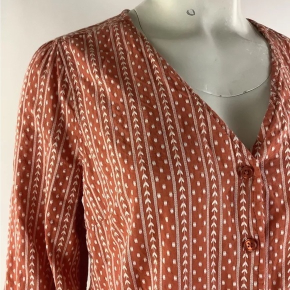 Garnet Hill Sz M 100% Organic Cotton Button Peasant Top Orange White - Picture 2 of 6